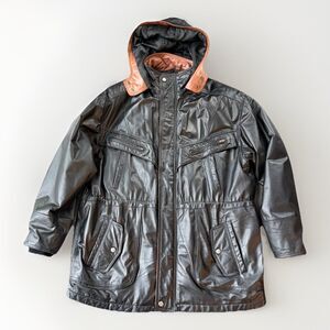Wilsons Black Leather Heavy Coat Mens Size L Hooded Thinsulate